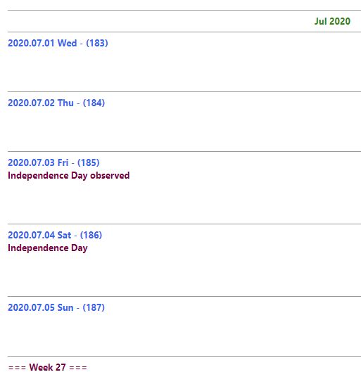 Sample output of EverLog 2020 - Three day weekend in the USA